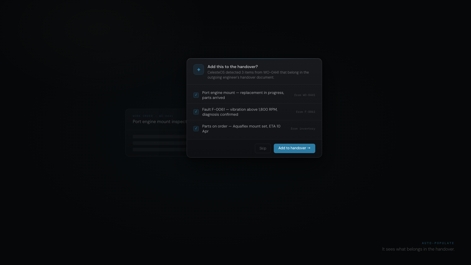 Cross-domain action popup in CelesteOS showing contextual prompts — Create work order, Check parts inventory, Add to handover — connecting maintenance records across domains with one click