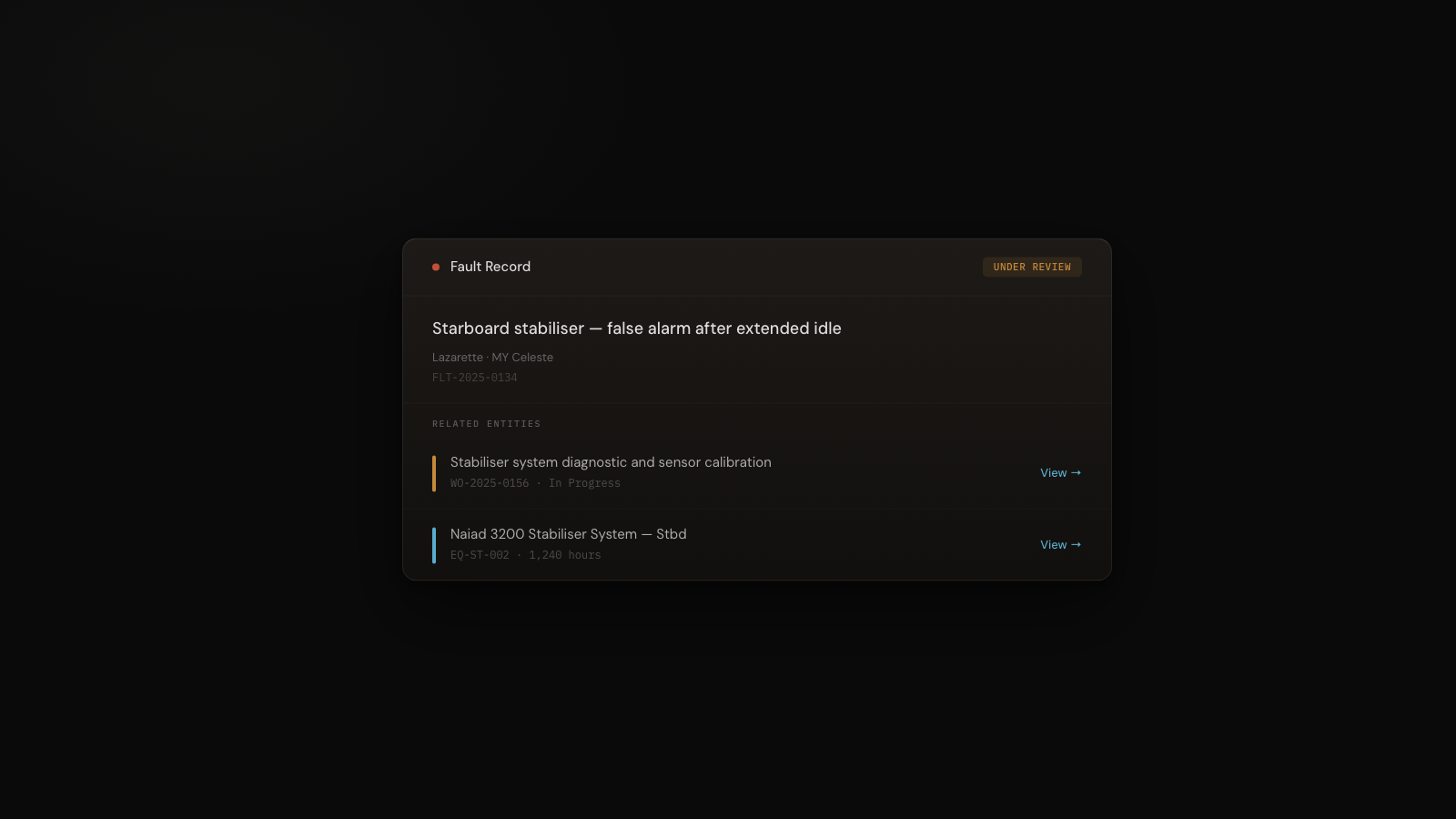 CelesteOS fault record showing related entities — linked work orders, parts, equipment, and warranty status in a connected view