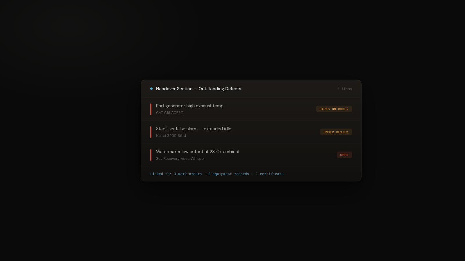 CelesteOS handover defects list showing outstanding issues with severity, status, and linked work orders for incoming engineer review