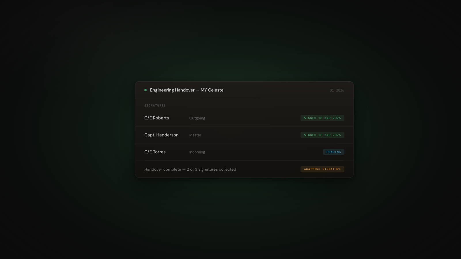 CelesteOS engineering handover document with signed verification sections showing machinery status and outstanding defects