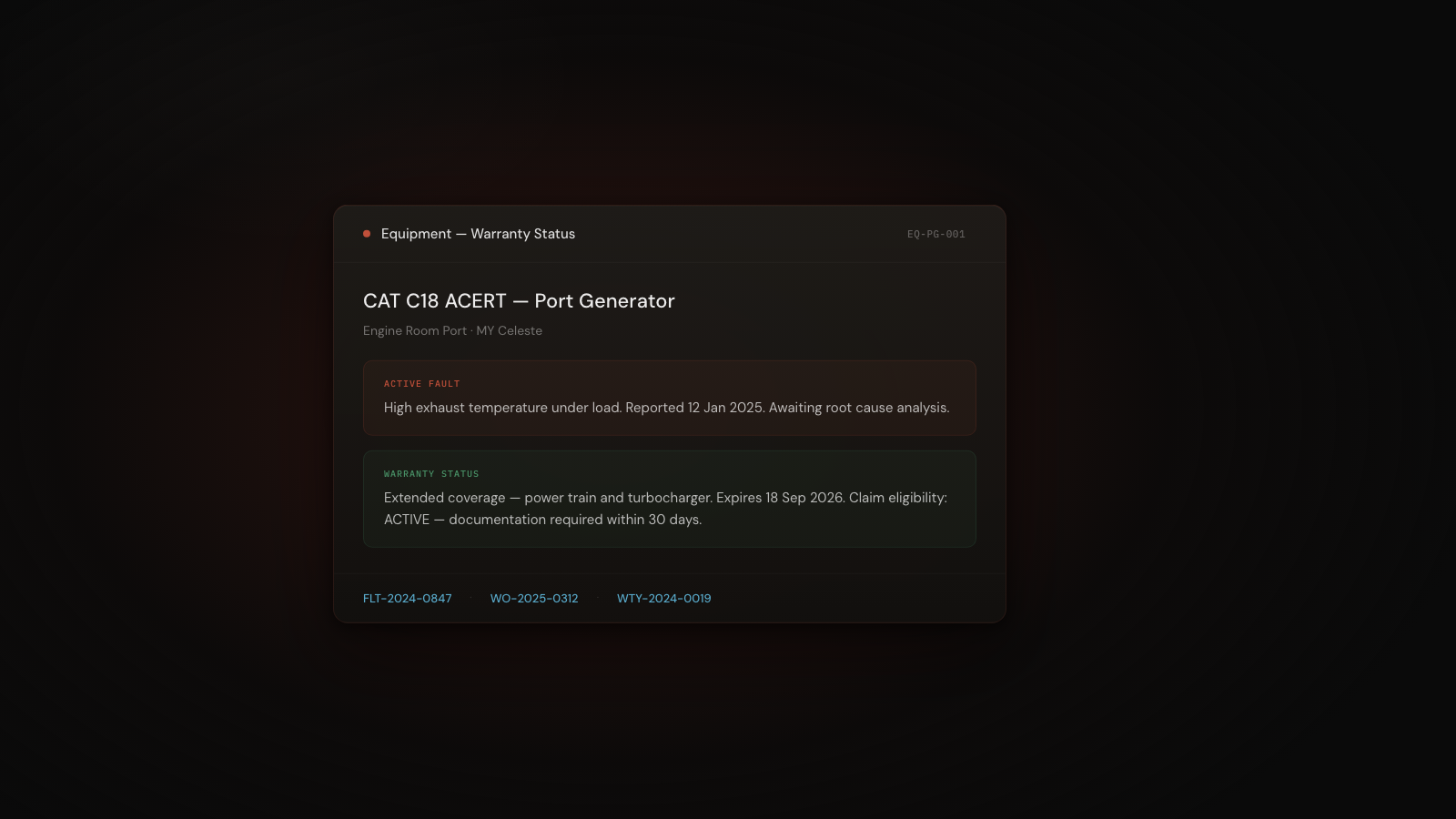 CelesteOS warranty fault chain showing linked fault diagnosis, corrective action, parts, and warranty status