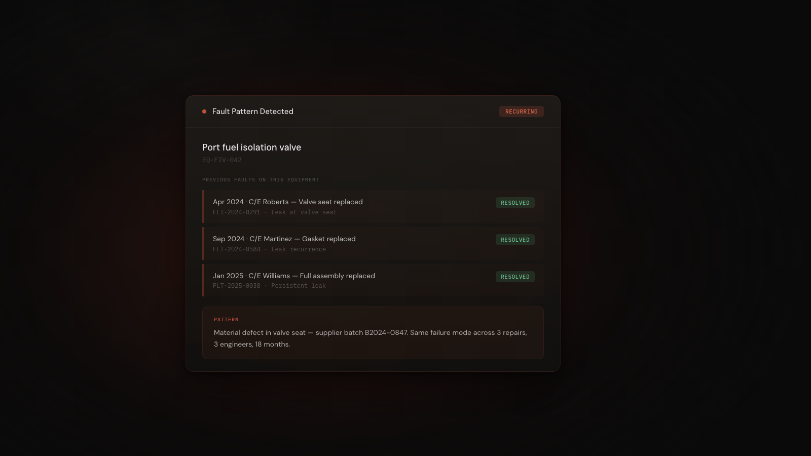 CelesteOS fault pattern view showing three connected defect records on the same equipment revealing a recurring root cause