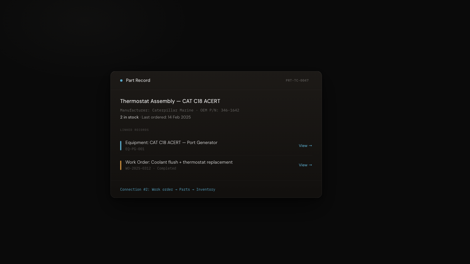 CelesteOS part certainty view showing stock levels, supplier history, and linked equipment for a specific marine component