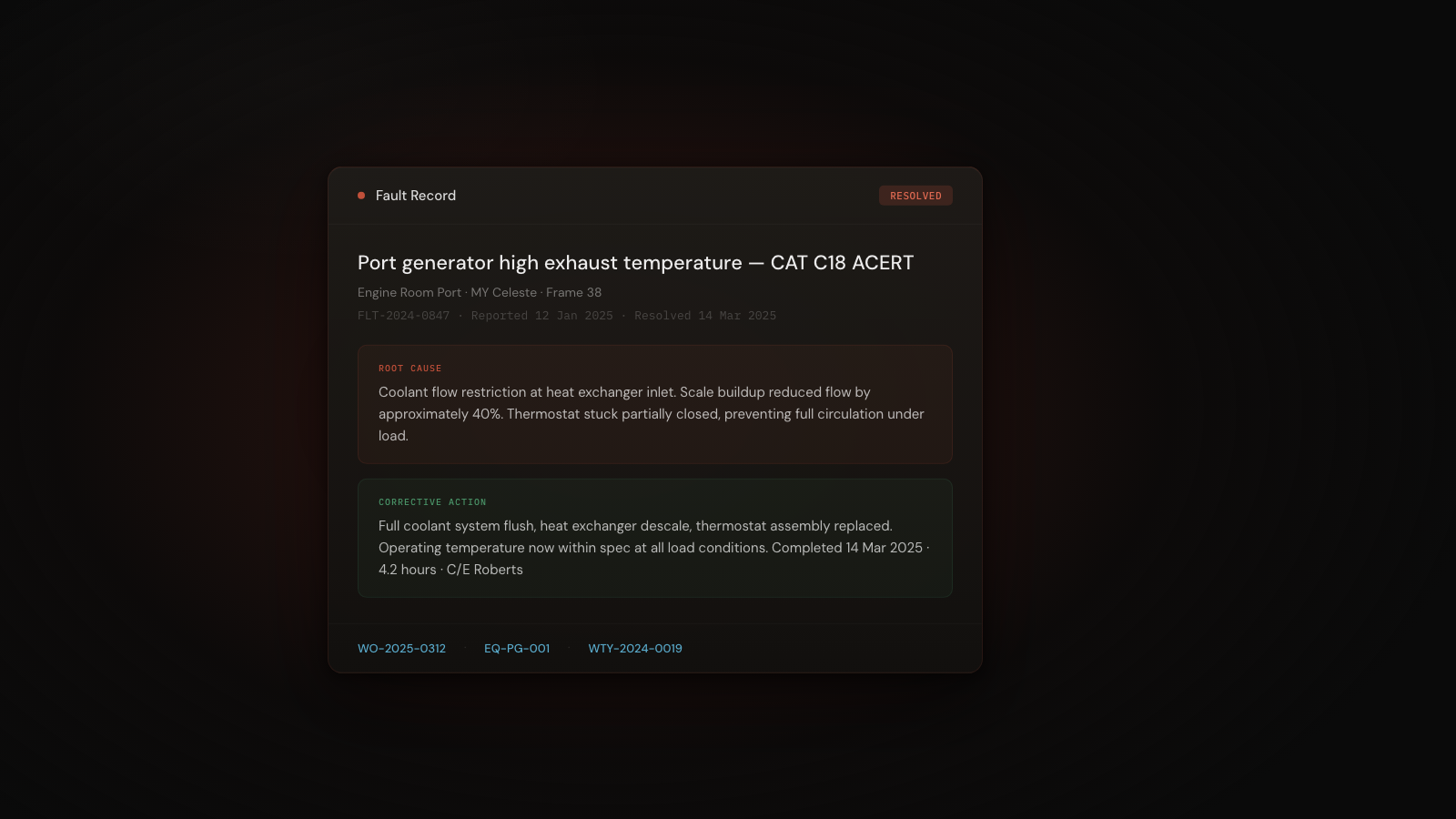 CelesteOS fault history showing corrective action, root cause analysis, and linked work orders on a superyacht maintenance system