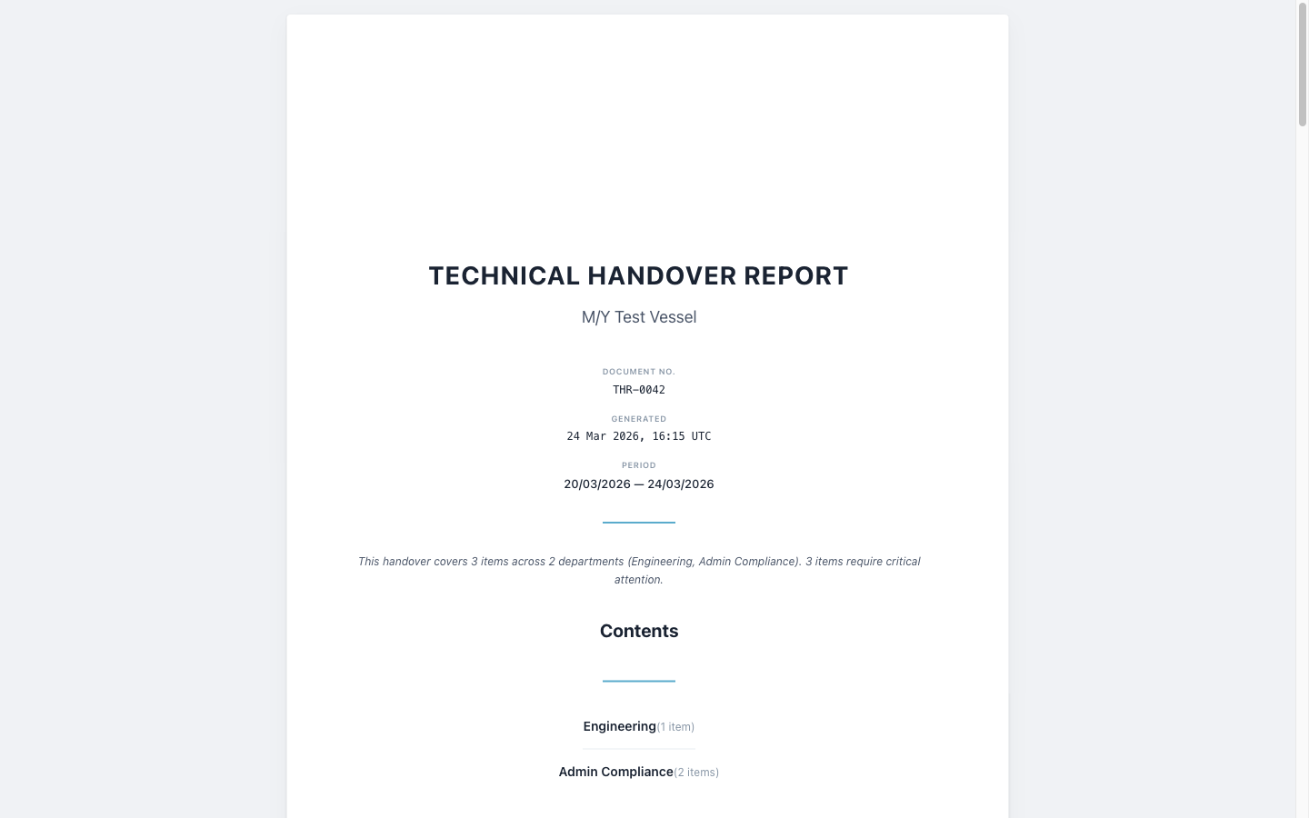 Cover page of a CelesteOS technical handover report: document number, generation date, the period covered, and a contents list by department.