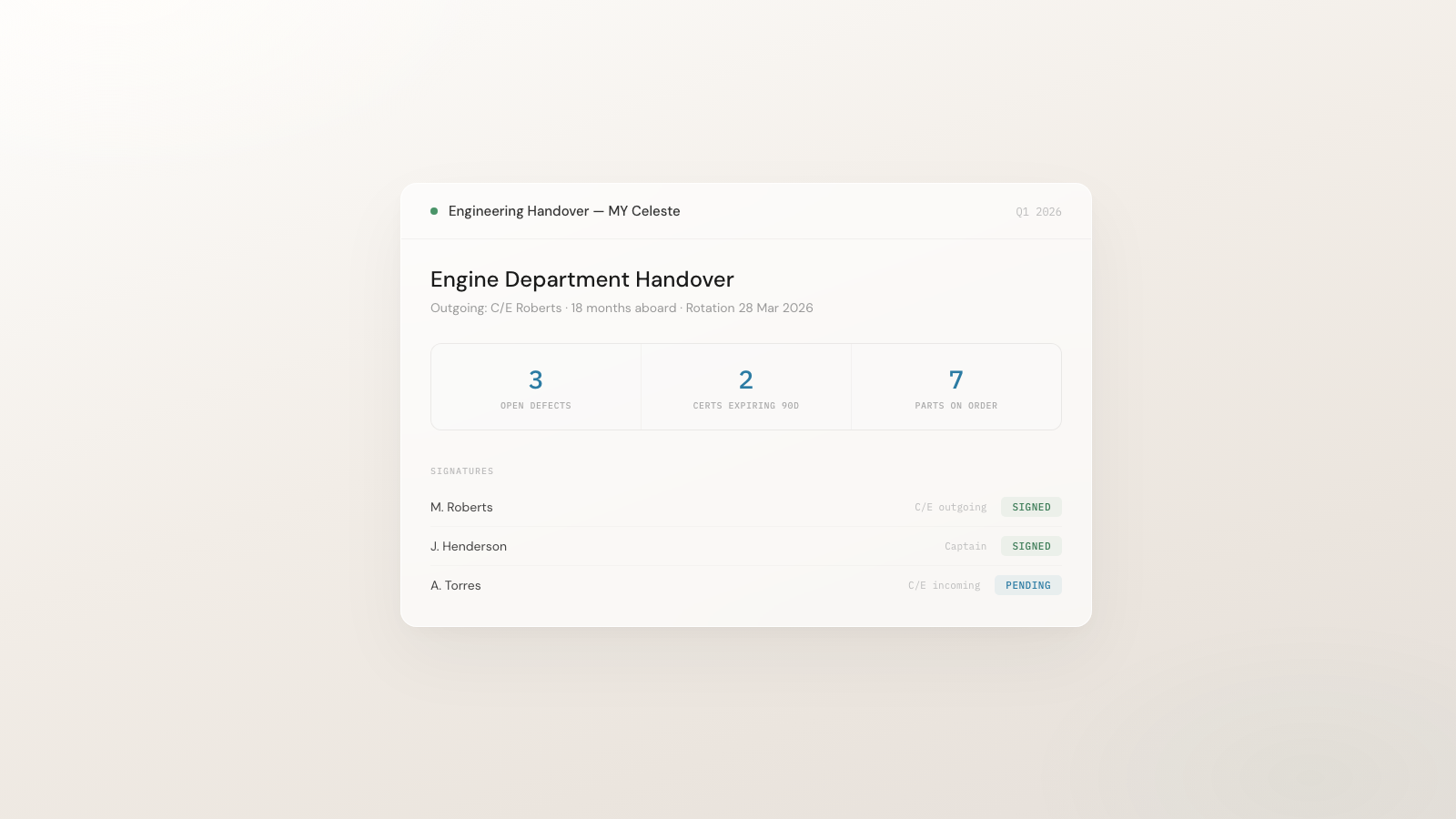 CelesteOS auto-generated engineering handover report pulling from vessel maintenance records, fault history, and parts across every domain