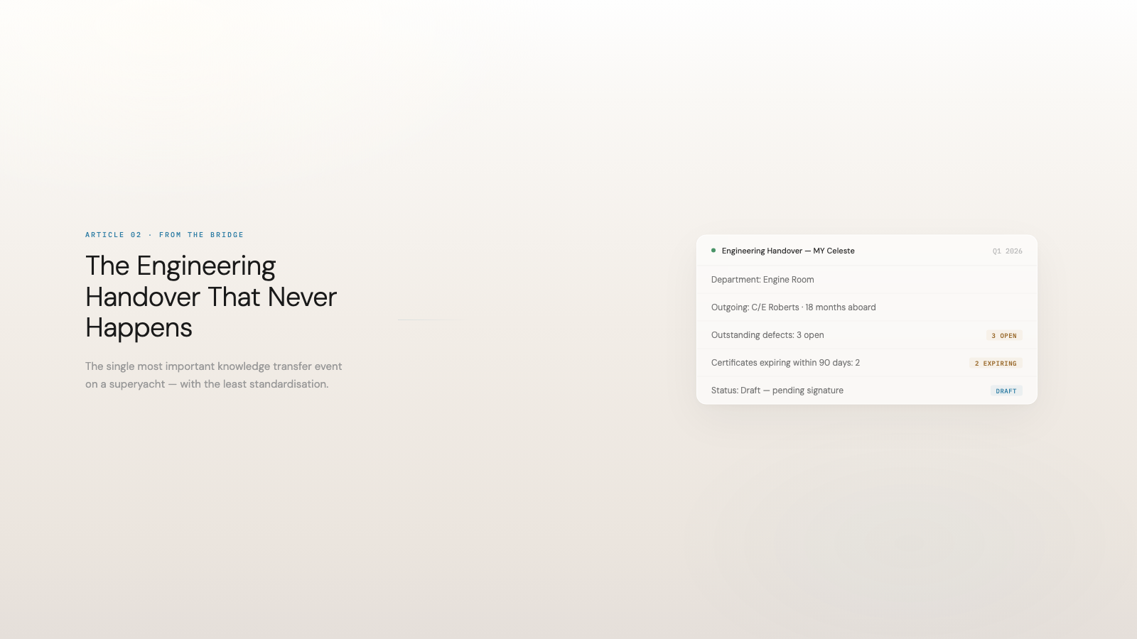 Structured engineering handover document for superyachts showing connected maintenance records, crew rotation timeline, and handover checklist in CelesteOS