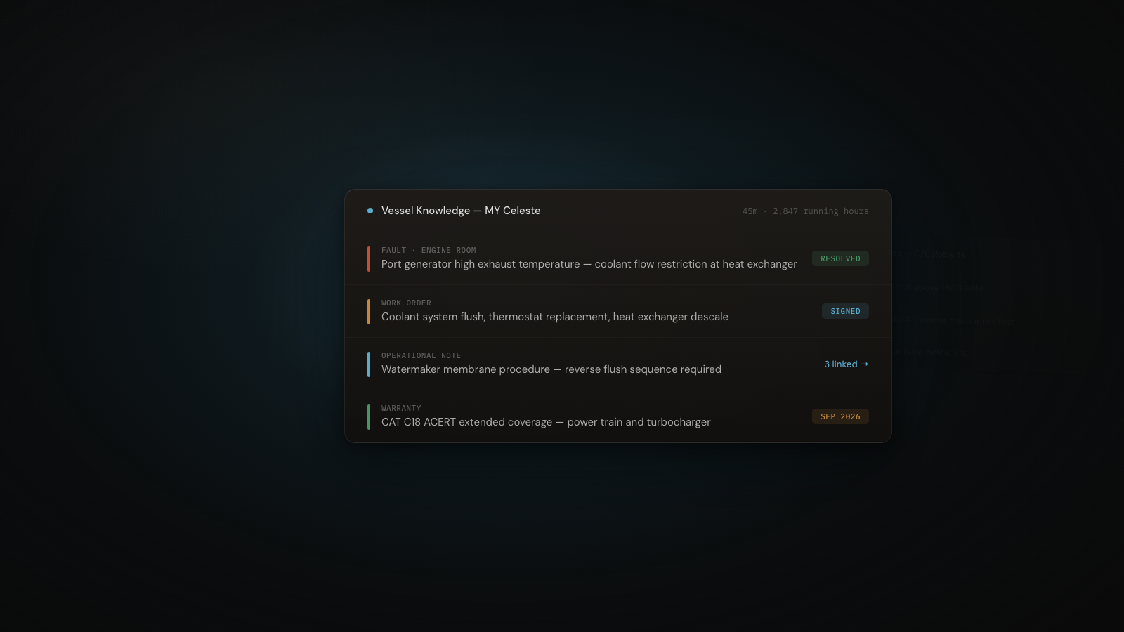 CelesteOS vessel knowledge interface — glass card showing connected maintenance records, fault history, and operational notes