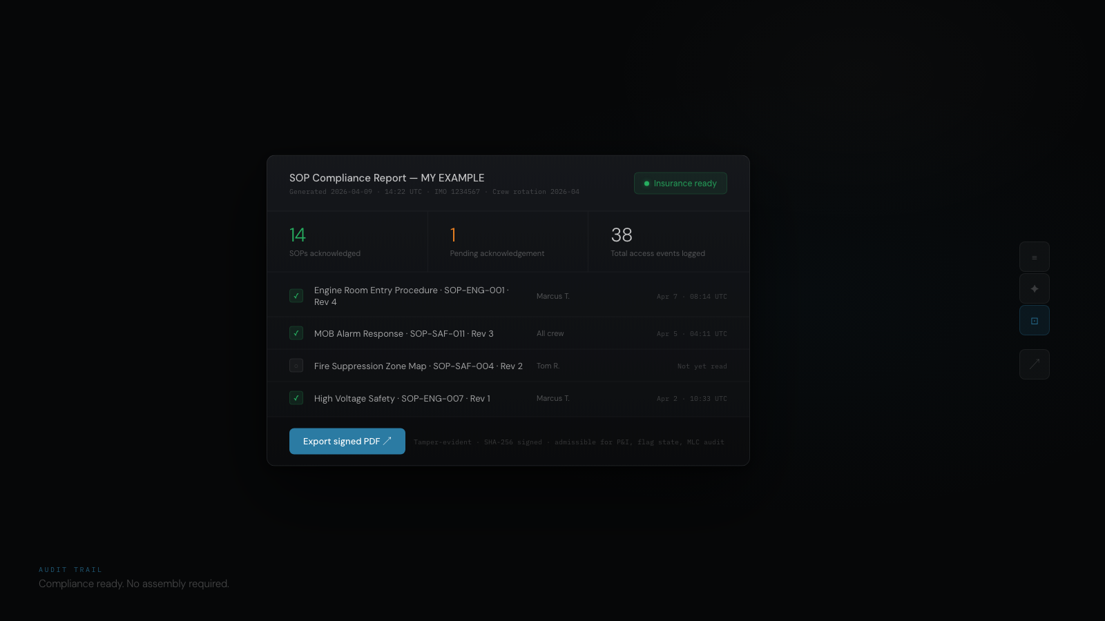 CelesteOS audit export — timestamped evidence document for compliance review