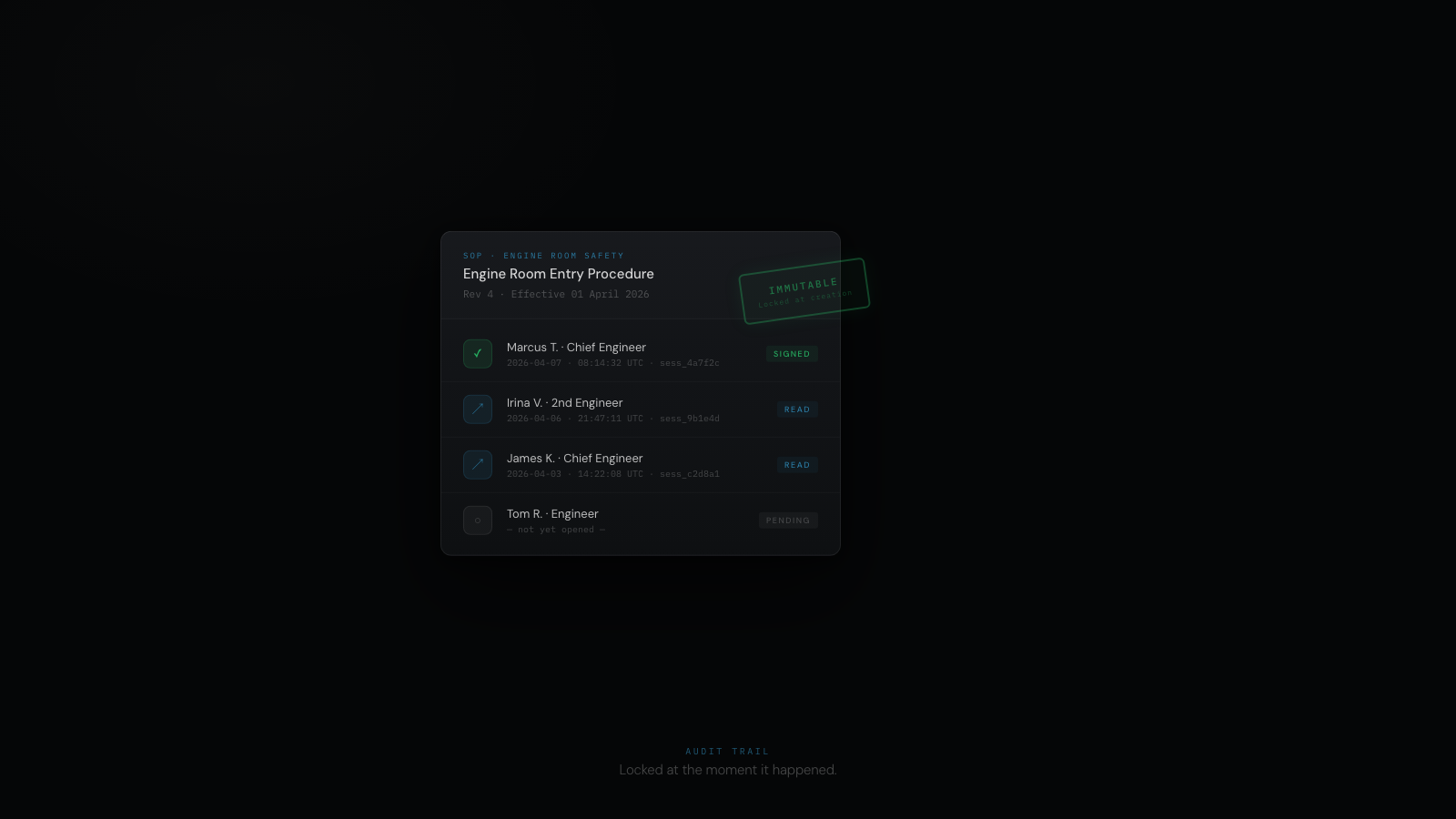 CelesteOS audit trail showing timestamped crew interactions — document access, record review, and action attribution with immutable records