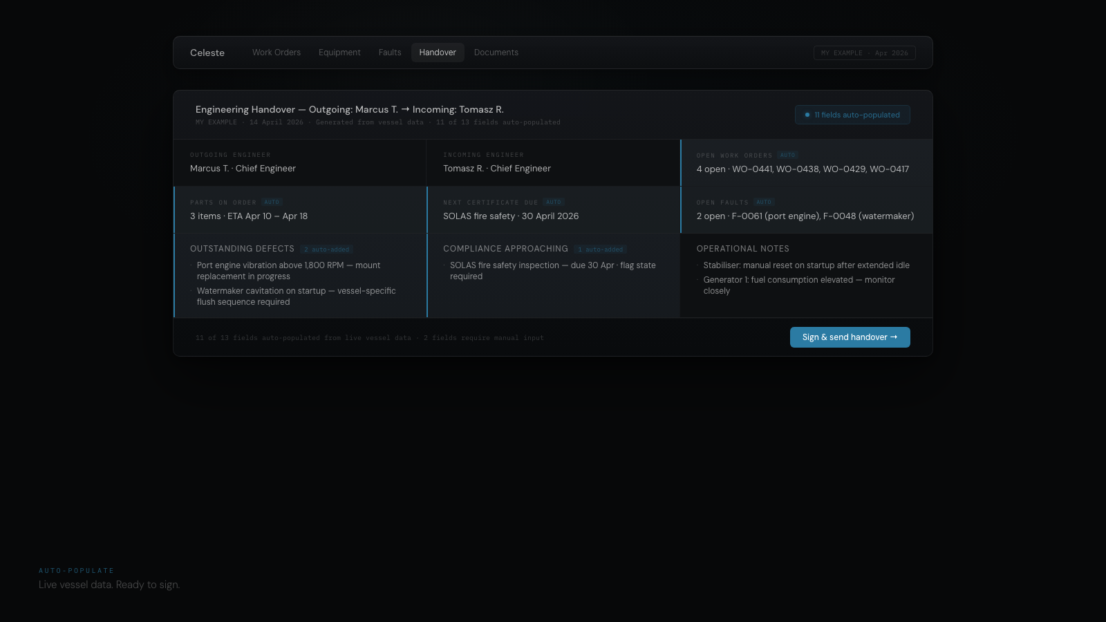 CelesteOS handover fields auto-populated from linked fault and work order records