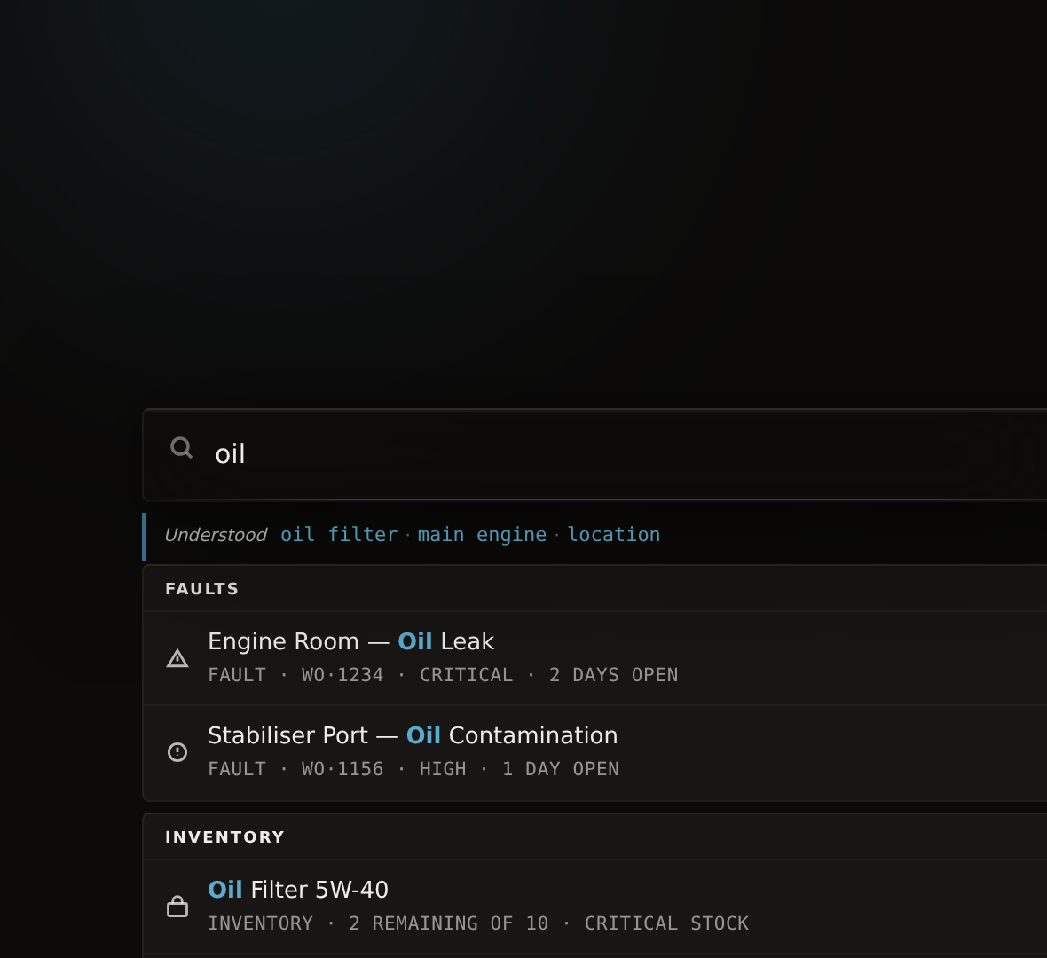 CelesteOS search — grouped results
